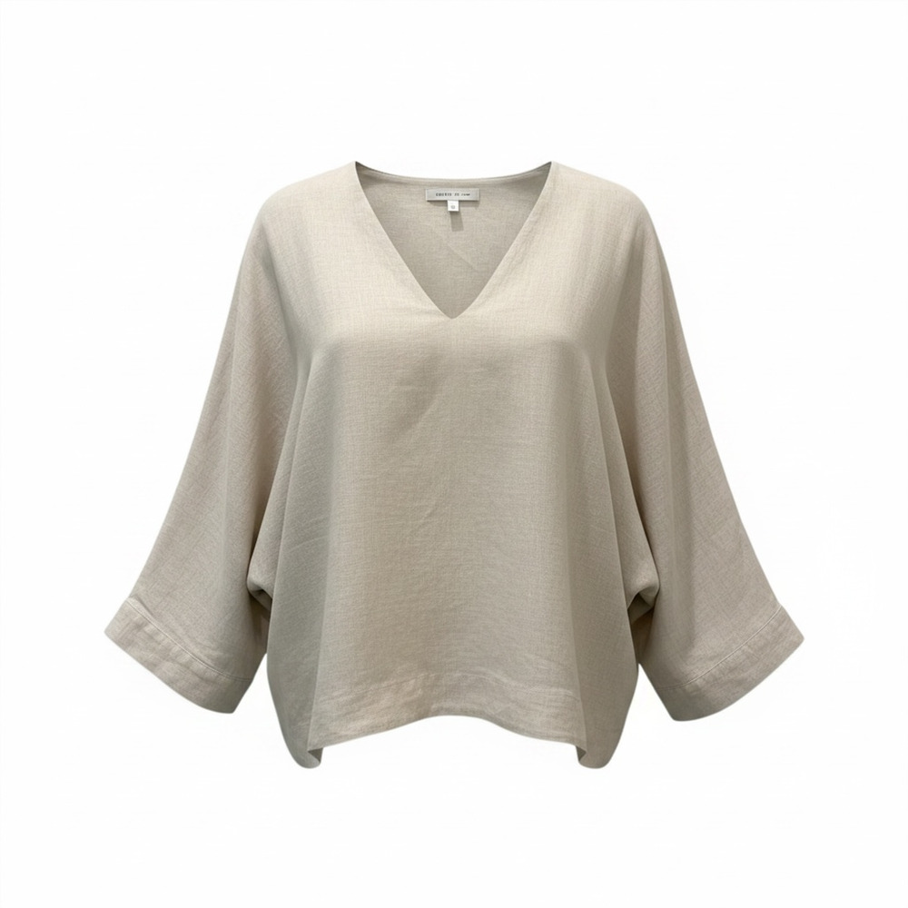Oysho Blouse Womens Large Beige Linen V Neck Kimono Sleeve Relaxed Top Summer